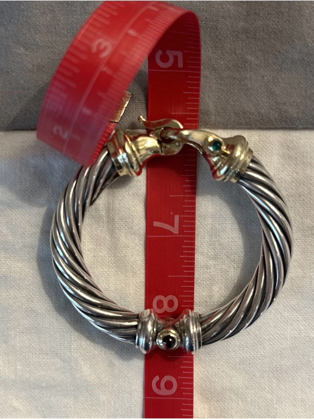 David Yurman Two-Tone Silver and Gold Twisted Cable Bracelet with Green Accent - Picture 9 of 10
